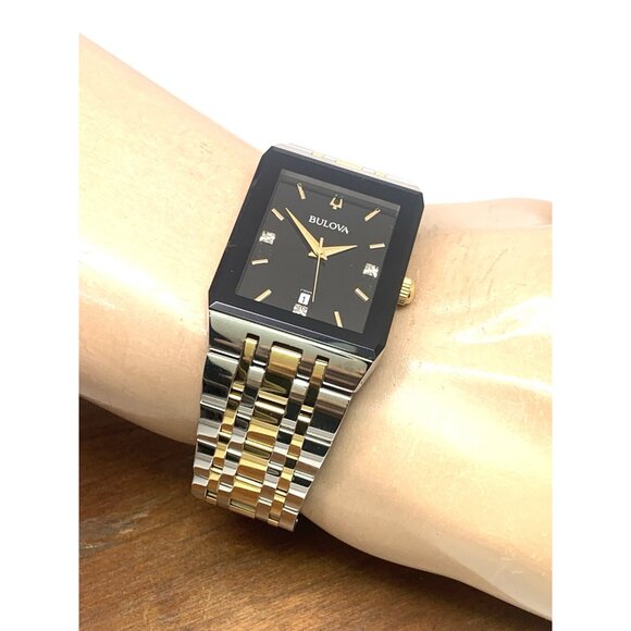 Bulova Men's Watch 98D153 Black Dial Diamond Accent Rectangle Two Tone Steel - Picture 6 of 15